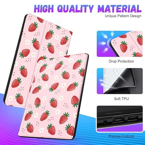 Uppuppy for Kindle Paperwhite 11th Generation Case 6.8 Inch 2021 / Paperwhite Signature Edition Cute Women Girls Teens Unique Strawberry Folio Fabric Paper White Cover with Auto Sleep/Wake E-Reader thumbnail 3