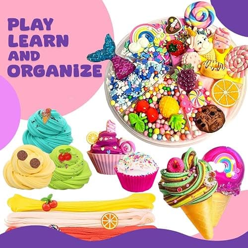 Jumbo Butter Slime Kit for Girls Ages 8-10-49 pcs w/Organizer Box Filled w/Slime Charms, Fruit- Ice Cream-Cup Cake & More- Birthday Gift for Boys Girls- Fidget Toys-Easter Basket Stuffers thumbnail 5