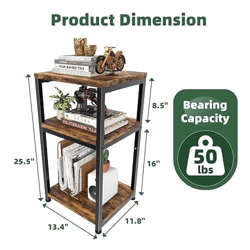 Simple Trending Side Table, End Table Night Stand, 3 Tiers Shelf for Living Room, Rustic Brown thumbnail 3