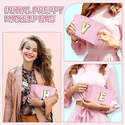 TOPEAST Initial Makeup Bag - Christmas Gifts for Teen Girls Kids, Birthday Gifts for 4 5 6 7 8 9 10 11 12 Year Old Teen Girls, Personalized Preppy Cosmetic Bags Toiletry Bag (Pink A) thumbnail 8