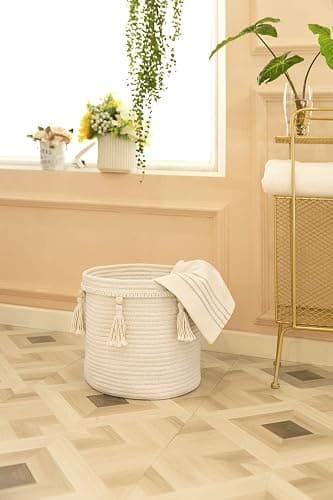 Mkono Macrame Decorative Cotton Rope Basket Boho Cute Woven Tassel Closet Storage Bins Organizer for Nursery,Baby Toys,Magazines, Potted Plants Cover,Living Room,Bedroom,Home Decor 11"x11",Small - s thumbnail 6