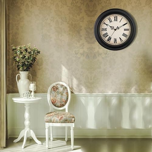 Plumeet Extra Large Retro Wall Clock, 16'' Non Ticking Classic Silent Vintage Wall Clocks Decorative Kitchen Living Room Bedroom, Roman Numerals, Battery Operated, Black thumbnail 7