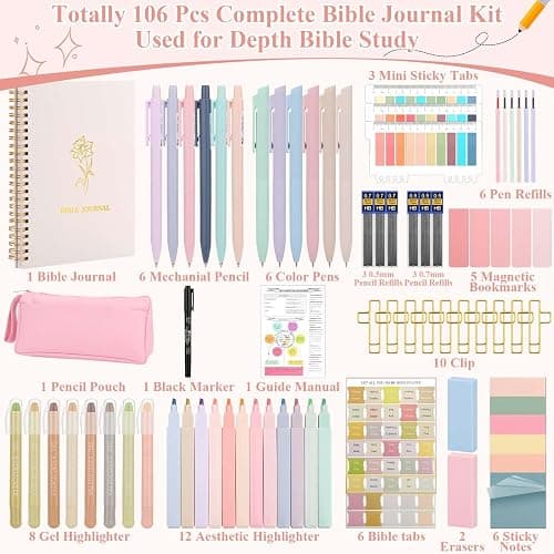 Flasoo 106 Pack Bible Study Supplies Journaling Kit for Women, Church Journal Note Taking Annotation Kit, Tabs and Highlighters Set with Pencil Case and More Bible Accessories Christian Gift thumbnail 4