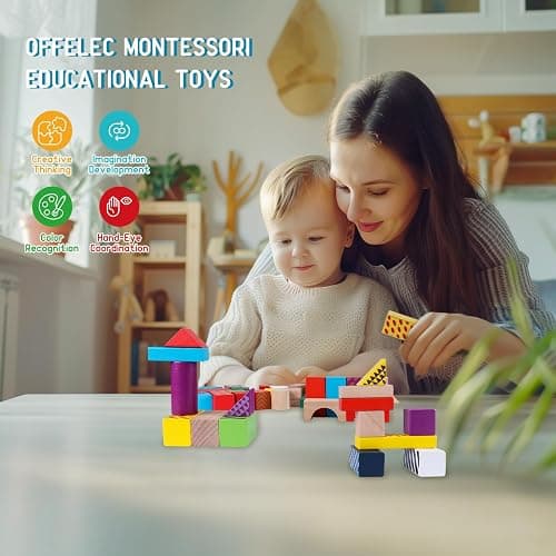 Offelec 50 Pcs Wooden Building Blocks Set with Storage Bucket, Montessori Stacking Blocks & Shape Sorting Toys for Toddlers, Preschool Learning Toys for Boys & Girls, Kids Brightly Colored Blocks thumbnail 5
