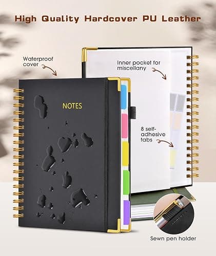 Hardcover Spiral Notebook journal with Removable Dividers Tabs, 300 Pages Leather 5 Subject Notebook College Ruled, 8"x10" Large B5 Notebooks for Work School Note taking, Lined Journal for Women,Black thumbnail 3
