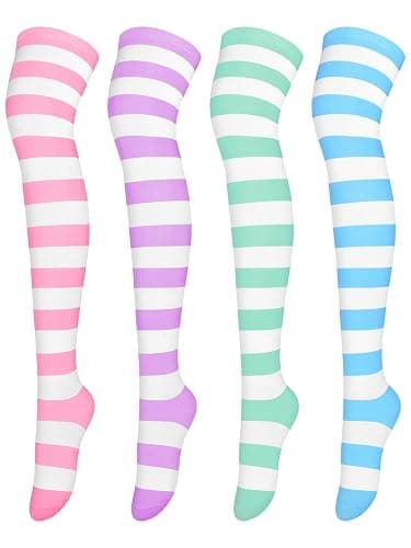 Aneco 4 Pairs Over Knee High Stripe Socks Halloween Cosplay Accessories Thigh High Socks for Adult Woman Girls - Image 1