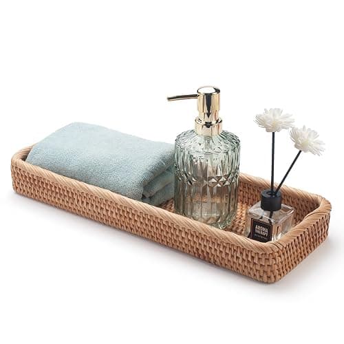 Rattan Bathroom Vanity Trays Toilet Tank Baskets Long Narrow Hand Towel Storage Basket for Storage, Decorative (Natural 16.3 x 6.1 x 2 inch) - Image 1