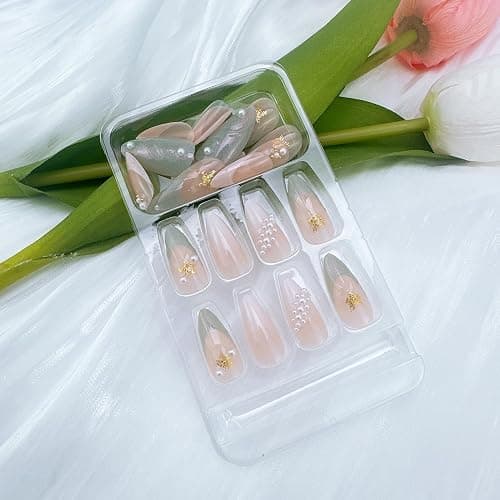 ZRETHFB 24Pcs Summer Press-on Nails Medium Almond Gel False Nails with 3D Pearl Seashell Designs Gold Star French Tip Stick-on Nails for Women thumbnail 5