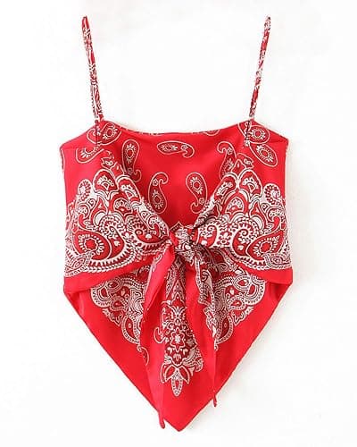 Women's Paisley Print Tie Back French Knot Hanky Hem Spaghetti Straps Handkerchief Cami Bandana Tube Crop Top thumbnail 3