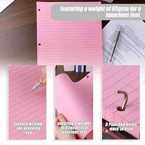 HIBOX Pink Loose Leaf Paper, Pink 100 Sheets 8"x10.5" Wide Ruled Filler Lined Notebook Paper, 3-Hole Punched for 3-Ring Binders Notebook, School & College, Women Girls Writing Work Meeting Note Taking thumbnail 3