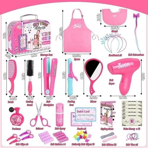 Gifts2U Hair Salon Toys for Girls, Girl Beauty Salon Playset Pretend Hair Styling Set with Blow Dryer, Barber Costume Apron, Scissors Styling Manu, Fake Money and Functional Stylist Accessories. thumbnail 5