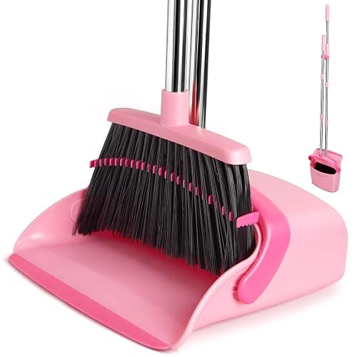 XXFLOWER Broom and Dustpan Set, Dustpans with Broom Combo for Home, Heavy Dust Broom and Dustpan Combo, Long Handle Dust Pan and Broom Set for Kitchen, Office, Pet Hair,Pink, Pack of 1 - Image 1