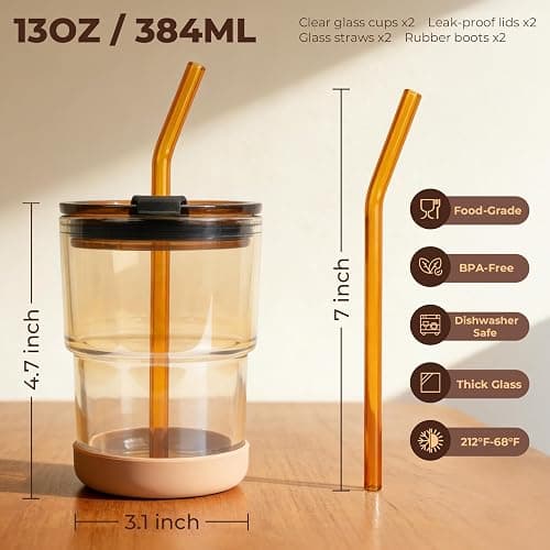 13 oz Glass Iced Coffee Cups with Lid and Straw, Leak Proof Glass Tumbler for Ice Tea, Water, Non-Slip Silicone Bottom, Thick Wall Drinking Glasses for Home/Office, BPA Free, Amber 2 Pack thumbnail 3