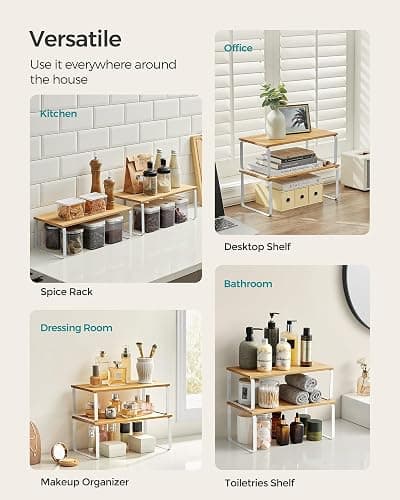 SONGMICS Cabinet Organizer Shelf, Set of 4 Kitchen Counter Shelves, Kitchen Storage, Spice Rack, Stackable, Expandable, Metal and Engineered Wood, Cloud White and Natural Beige UKCS210W01 thumbnail 4