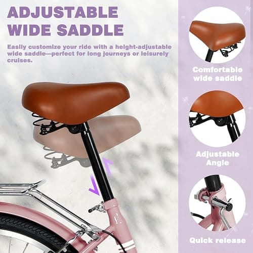 Max4out Beach Cruiser Bike for Adult, Womens Bicycle with Rattan Front Basket, 24 & 26 Inch Comfort Bikes with Adjustable Seat and Dual V-Brake (Pink & White & Green & Purple & Black) thumbnail 7