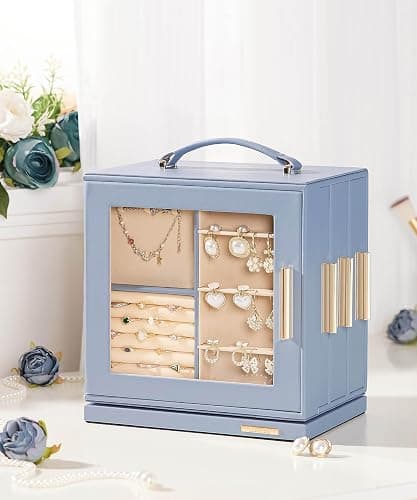 Homde Christmas Gifts Jewelry Box 360° Rotating, Necklace Earring Organizer with Transparent Window, Mirror, 7 Drawers, Large Ring Display Storage Case for Girls Women (Grey Blue) thumbnail 2