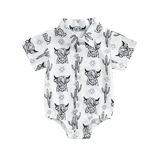 Karuedoo Western Baby Boy Clothes Cow Print Shirt Romper Infant Short Sleeve Button Down Bodysuit One Piece Gentleman Outfit - Image 1