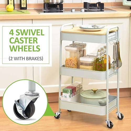 TOOLF 3 Tier Rolling Cart, Metal Utility Cart with Wheels & Wooden Top, Diaper Organizer Cart, Rolling Craft Storage Cart, Serving Trolley Cart for Kitchen, Office, Bathroom, Baby Nursery, Green - Green thumbnail 8