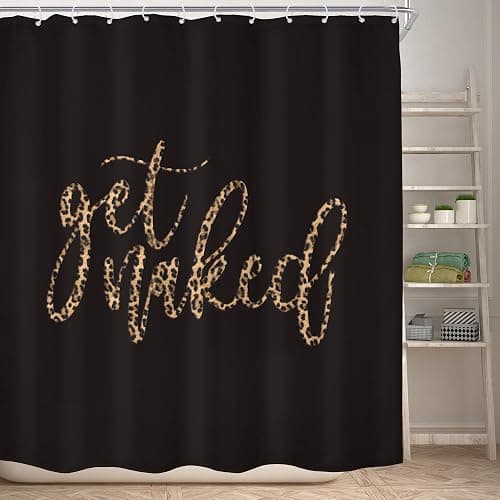 Black Get Naked Quotes Cute Cheetah Leopard Bathroom Shower Curtain Set | 72Wx72H Print Urban design, waterproof HD print with fast-drying fabric and 12 hooks. - Image 1