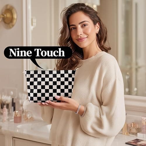 Itgowisa Checkered Corduroy Makeup Bag for Women, Black and White Gingham Cosmetic Bag with Zipper, Corduroy Travel Toiletry Bag, Sunscreen Sunblock Spf Bag, Hygiene Medicine Pouch,Organizer for Purse thumbnail 5