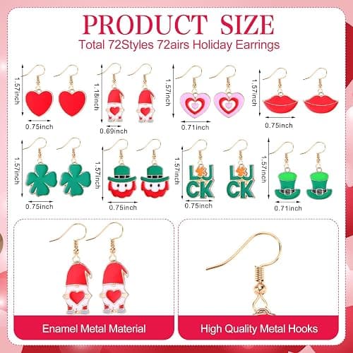 Riceshoot 72 Pairs Holiday Earrings Variety Pack St. Patrick's Easter Summer Gifts Holiday Earring Bulk for Women Teacher Party Favors thumbnail 2