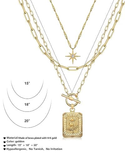 MJartoria Layered Necklaces for Women Trendy, 14K Gold Plated Brass Simple Star Choker Square Flower Pendant Necklace, Paperclip Chain Necklaces Jewelry Gifts thumbnail 5