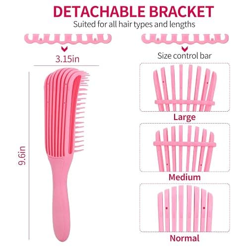 UREELIN Detangler Brush Set for 3a,4c,Wig/Thick/Wavy/Curly/Wet Slick Back Hair Brushes,Rat Tail Combs,8-Row,Edge Brush,For braiding,teasing,parting,styling,kids,girls,women(Pink) thumbnail 3