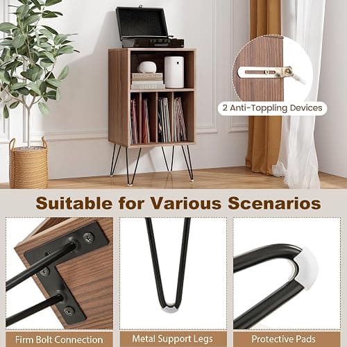 KOMFOTTEU Meuble Platine Vinyle avec 2 Prises Standard européenne, 1 USB,1 Type-C, Meuble Tourne-Disque, 5 Casiers, Table d’Appoint Multifonction, Pieds Métals, 48 x 40 x 88 cm (Couleur Noye) thumbnail 6