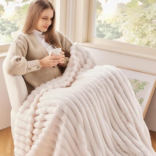 NEWCOSPLAY Super Soft Throw Blanket Ivory Premium Silky Flannel Fleece 3D Ribbed Jacquard Lightweight Bed Blanket All Season Use (Ivory Ribbed, Throw(50"x60")) thumbnail 4