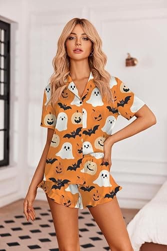 Womens 2 Pieces Halloween Satin Pajama Sets Floral Print Buttoned Short Sleeve Top Shorts Lounge Set thumbnail 3