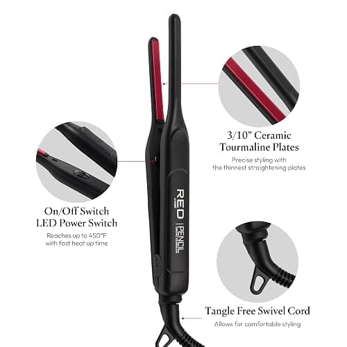 Red by Kiss Pencil Flat Iron up to 450°F Thin Small Tourmaline Ceramic Plate 0.3 inch (3/10") for Women and Men, Short to Medium Hair, Pixie Cut, Bangs, Edges.. A Travel Pouch and a Glove Included thumbnail 2