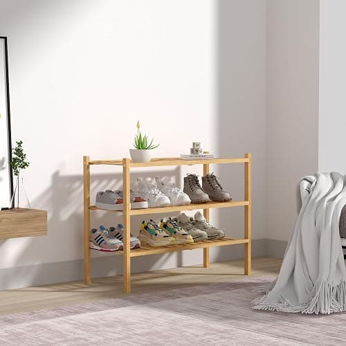 ROMGUAR CRAFT 3 Tier Bamboo Shoe Rack for Closet Free Standing Wood Shoe Shelf Storage Organizer for Entryway Small Space Stackable 27"x11"x20" (Natural) thumbnail 7
