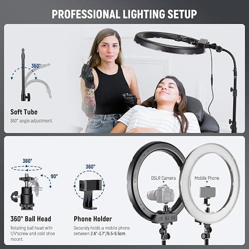 NEEWER Ring Light 18inch Kit: 55W 5600K Professional LED with Stand and Phone Holder, Soft Tube & Bag for Tattoo Lash Extension Barber Makeup Artist Studio Video Photography Lighting, RL-18 thumbnail 7