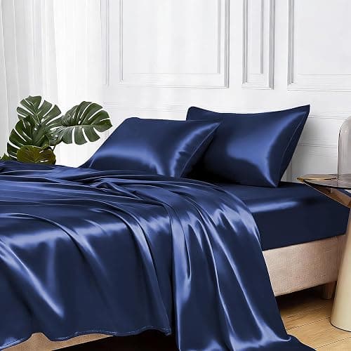 MR&HM Satin Sheets Queen Size with Elastic Corner Straps, Navy Blue | Similar to Silk, 4-Piece Silky Soft Bed Sheet Set, Gentle on Skin and Hair, 15" Deep Pocket, Cooling & Breathable - Image 1
