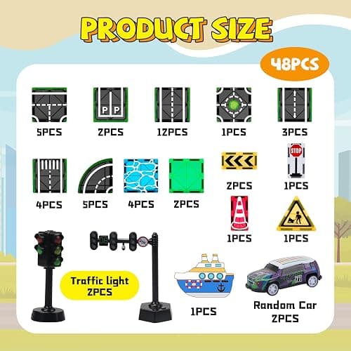 Magnetic Tiles Road Set with Pullback Car & Magnet Ship,Traffic Themed Magnetic Building Tiles Set with Traffic Light,STEM Magnet Tile for Kids Ages 3-5 4-8 5-7,Preschool Educational Kids Toys Gifts thumbnail 5
