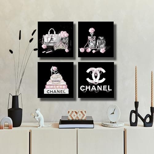Meetdeceny Black And White Wall Art/Pink Book Pictures Room Decor for Teen Girls/Women Handbag Perfume Wall Decor for Living Room/Fashion Canvas Artwork Size 10"x 10"x 4 Pieces thumbnail 5