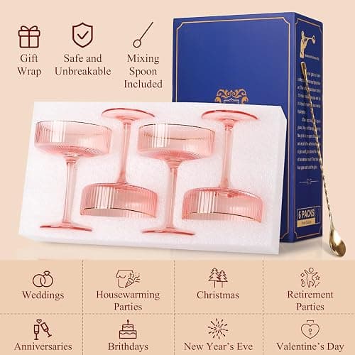 comfit Pink Martini Glasses Set of 4 with Golden Rim,10Oz Ribbed Colored Cocktail Glassware,Vintage Pink Couple Glasses, Elegant Bar Glassware for Martinis,Champagne,Wine（Gold Mixing Spoon Included） thumbnail 6