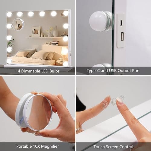 Ruication Hollywood Vanity Mirror with Lights, 50×42cm Large Lighted Makeup Mirror with 14 Dimmable Bulbs, 3 Color Modes, Touch Screen Control, Tabletop or Wall Mounted Cosmetic Mirror For Bedroom thumbnail 6