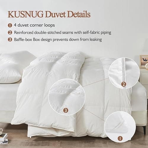 KUSNUG 100% Organic Cotton Feather & Down Fibers Comforter California King, All-Season Hotel-Style Hypoallergenic Duvet Insert, Ivory White 104x96 Inch thumbnail 7