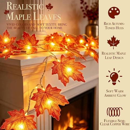 Timer&3 Pack Halloween Fall Decor 30Ft Fall Garland with Lights 60LED | Patented Realistic Maple Leaves Garland Halloween Fall Decorations for Home, Battery Operated Waterproof Thanksgiving Decor thumbnail 6