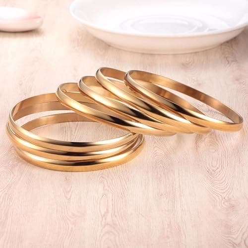 Castillna 14K Gold Plated Gold Bangle Bracelets for Women Christmas Birthday Gifts, Set of 7 Pieces thumbnail 2