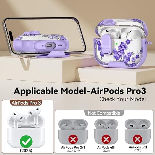 Polislime for AirPods Pro 3 Case 2025 with Safety Lock-Purple Bell Flower | As Phone Stand, for Women Girly, with Keychain & Cleaner Kit,Two-Piece Design,Support Wireless Charging,Clear TPU+PC Material thumbnail 2
