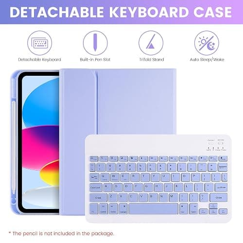 SOPPY Bluetooth Keyboard Case with Mouse for iPad 11th Gen. (A16) 11-inch 2025, 10th Generation 10.9 inch 2022, Detachable Protective Cover, with Built-in Pen Holder, USB-C Rechargeable, Purple thumbnail 3