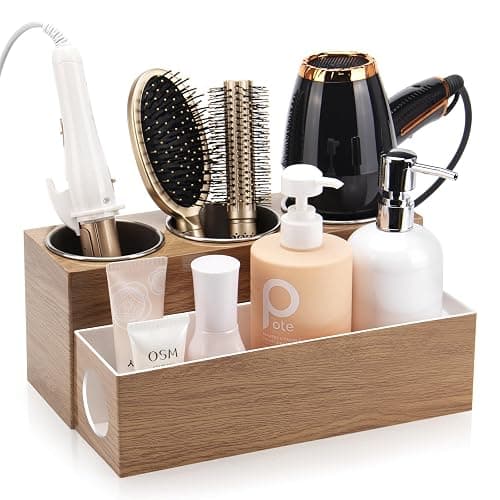 GFWARE Hot Hair Styling Tool Organizer with 3 Stainless Steel Cups, Wood | Hair Accessories Bathroom Vanity Storage, Hair Dryer, Blow Dryer, Curling Iron, Flat Iron, Hot Tools Cooling, Wood-Look - Image 1