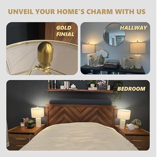 PoKat 20.75" Small Modern Ceramic Table Lamps Set of 2 for Bedroom, White Bedside Lamps for Night Stands, Farmhouse Desk Decor Gift Nightstand Table Lamps for Living Room End Table Beige thumbnail 2