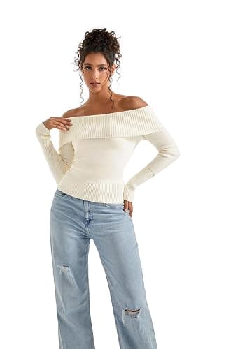 SUUKSESS Women Off Shoulder Sweaters Long Sleeve Ribbed Knit Going Out Fall Tops Blouse thumbnail 5