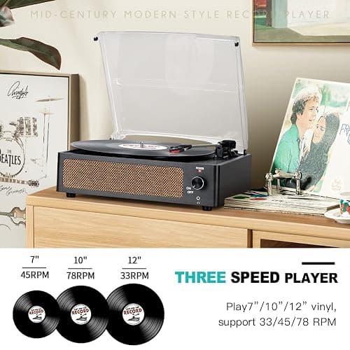 Vinyl Record Player with Speakers Vintage Turntable for Vinyls Records Belt-Driven Turn Table Support 3-Speed, Wireless Playback, Headphone, AUX-in, RCA Line LP Phonograph for Sound Enjoyment Black thumbnail 3