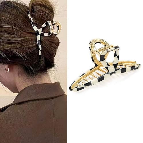 FAELBATY Hair Clip, Acetate Metal Claw Clip for Women, Strong Hold Claw for Heavy Hair, Checkerboard Pattern, 4.5" Jaw Clamp, Large Hair Accessories for Long Thick Hair thumbnail 2