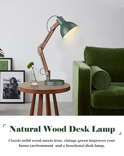 ELYONA LED Desk Lamp with Wireless Charger, Sapele Wood Reading Light with USB C Charging Port, Swing Arm Table Lamp for Home Office, College Dorm, Bedroom Living Room, Bulb Included, Vintage Green thumbnail 8