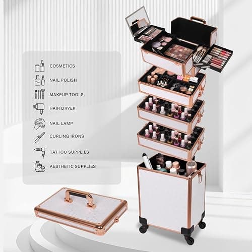 Yujesyde Rolling Makeup Train Case, 6 in 1, White | With Mirror & Lock, Professional Makeup Travel Case, Large Cosmetic Organizer for Cosmetologists & Nails thumbnail 3